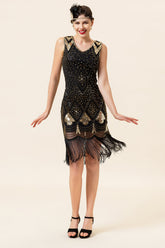 Schwarze und golden Pailletten Fransen 1920er Jahre Gatsby Flapper Kleid mit 20er Jahre Accessoires Set